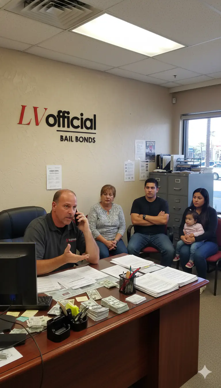 Licensed bail agent at Las Vegas Official Bail Bonds arranging a bail bond by phone while a family from Enterprise, NV waits at the desk
