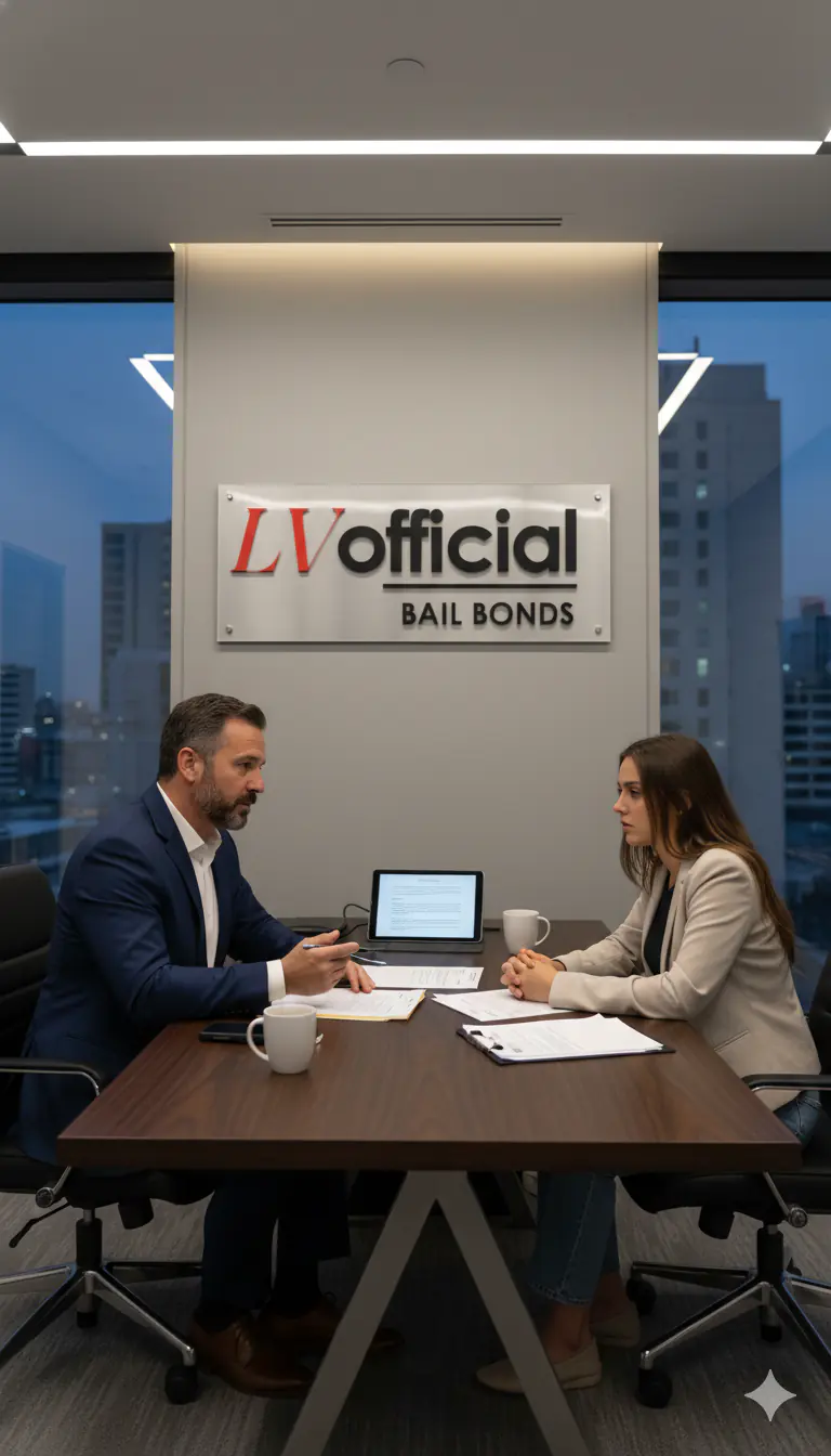Licensed Las Vegas Official Bail Bonds agent reviewing a bail bond application with a client, serving Paradise, NV