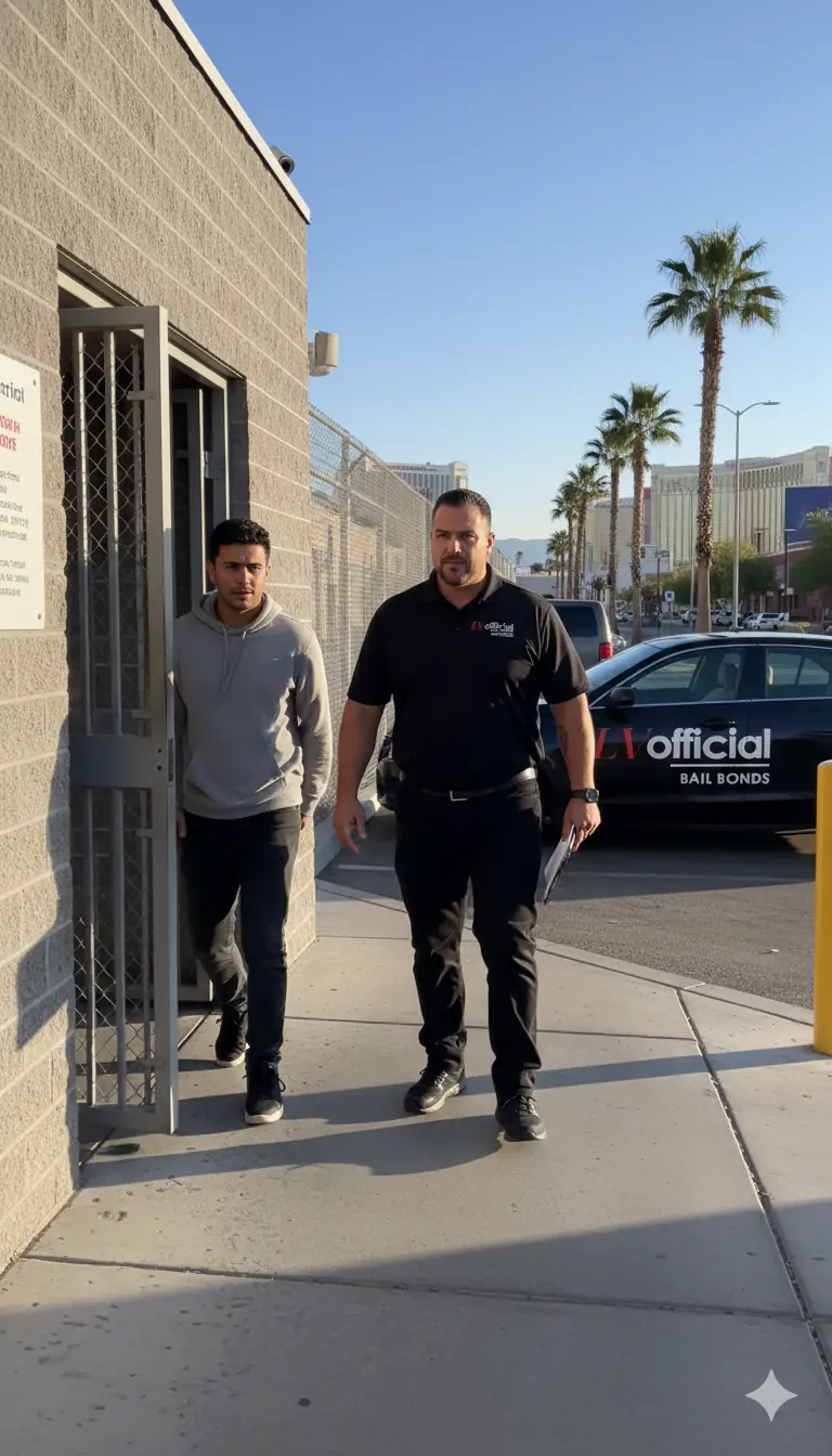 Licensed Las Vegas Official Bail Bonds agent walking a released defendant out of the detention center, serving Henderson, NV