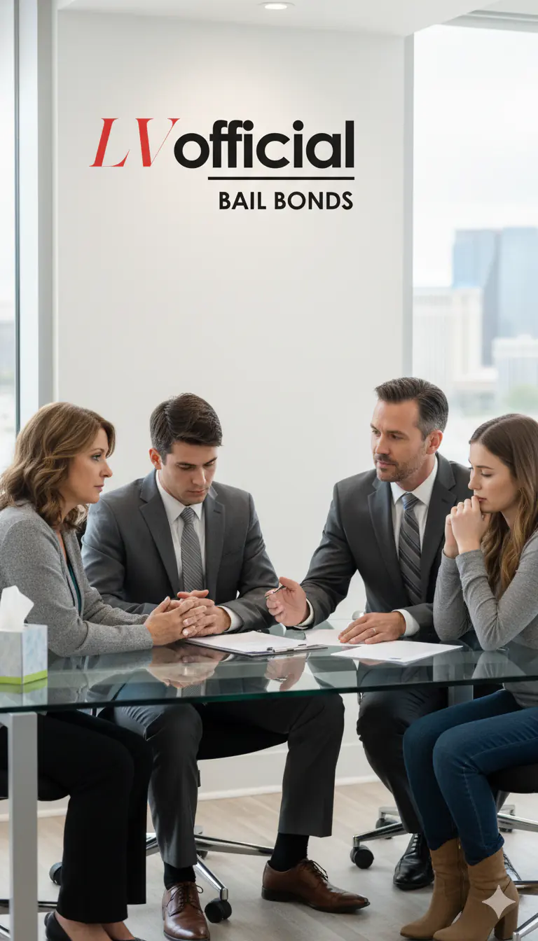 Licensed Las Vegas Official Bail Bonds agents reviewing a bail bond with family members, serving Summerlin, NV